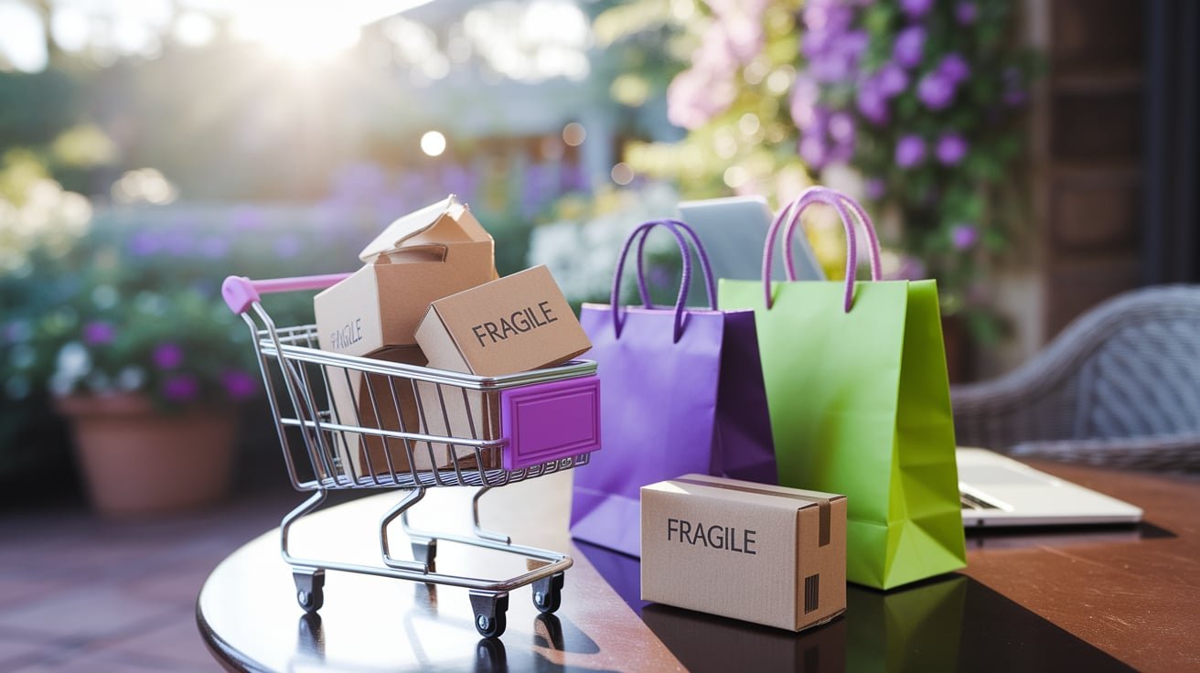 Shopping cart and colorful bags, representing Ecommerce industry